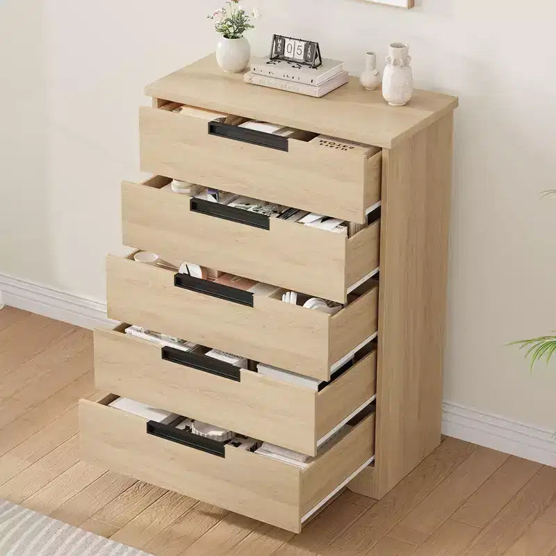 GustoWave 5 Drawer Dresser for Bedroom, Natural Chest of Drawers with Embedded Handles, Wooden Dresser Organizer for Living Room, Hallway and Entryway