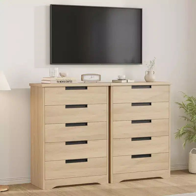 GustoWave 5 Drawer Dresser for Bedroom, Natural Chest of Drawers with Embedded Handles, Wooden Dresser Organizer for Living Room, Hallway and Entryway