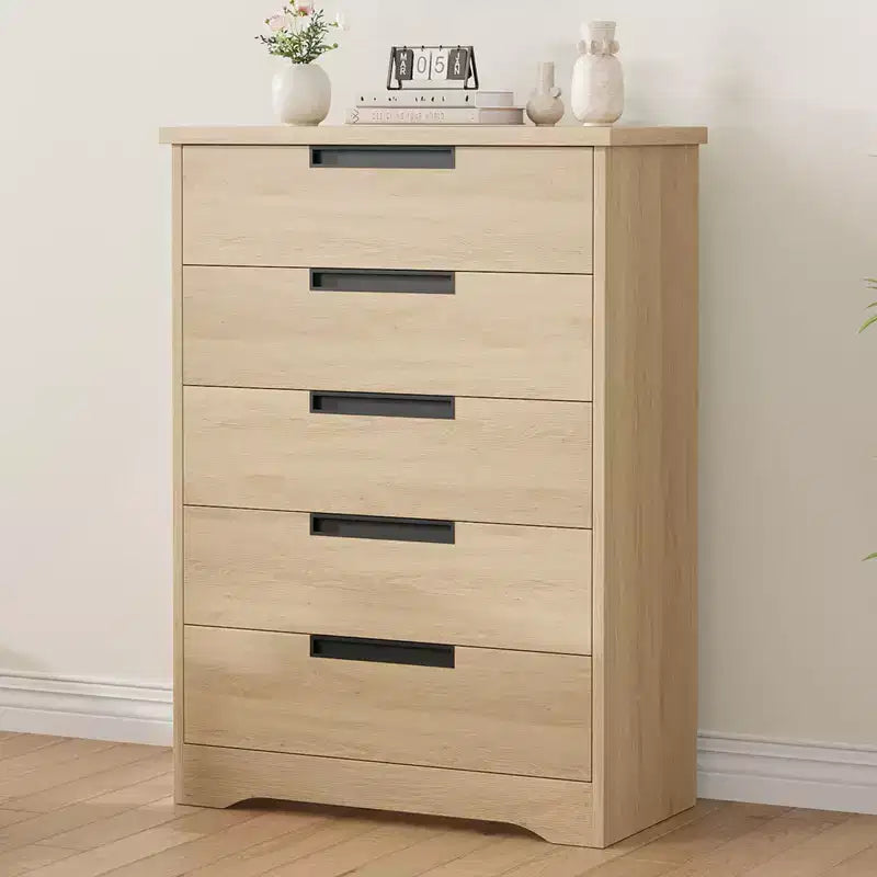 GustoWave 5 Drawer Dresser for Bedroom, Natural Chest of Drawers with Embedded Handles, Wooden Dresser Organizer for Living Room, Hallway and Entryway