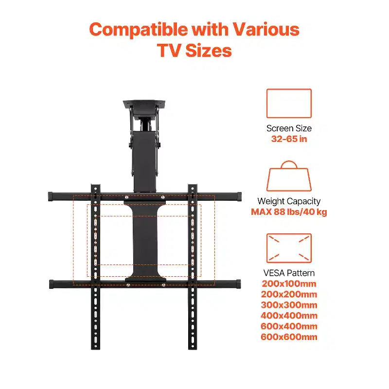 VEVOR Motorized Ceiling TV Mount, TV Wall Mount for 32 to 65 Inch TV, Electric Adjustable Ceiling TV Mount, Motorized Flip Down TV Mount, Black