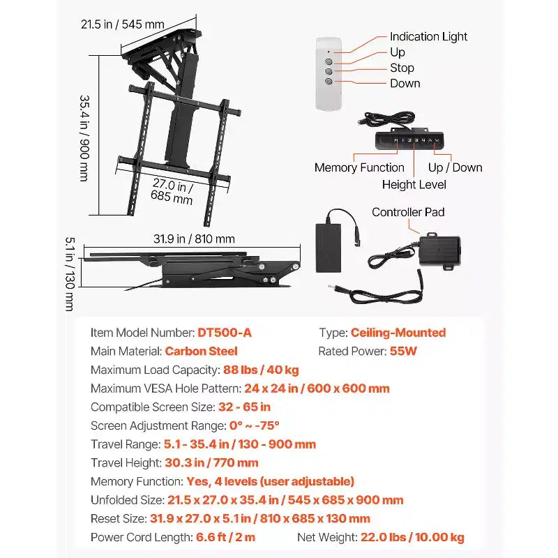 VEVOR Motorized Ceiling TV Mount, TV Wall Mount for 32 to 65 Inch TV, Electric Adjustable Ceiling TV Mount, Motorized Flip Down TV Mount, Black