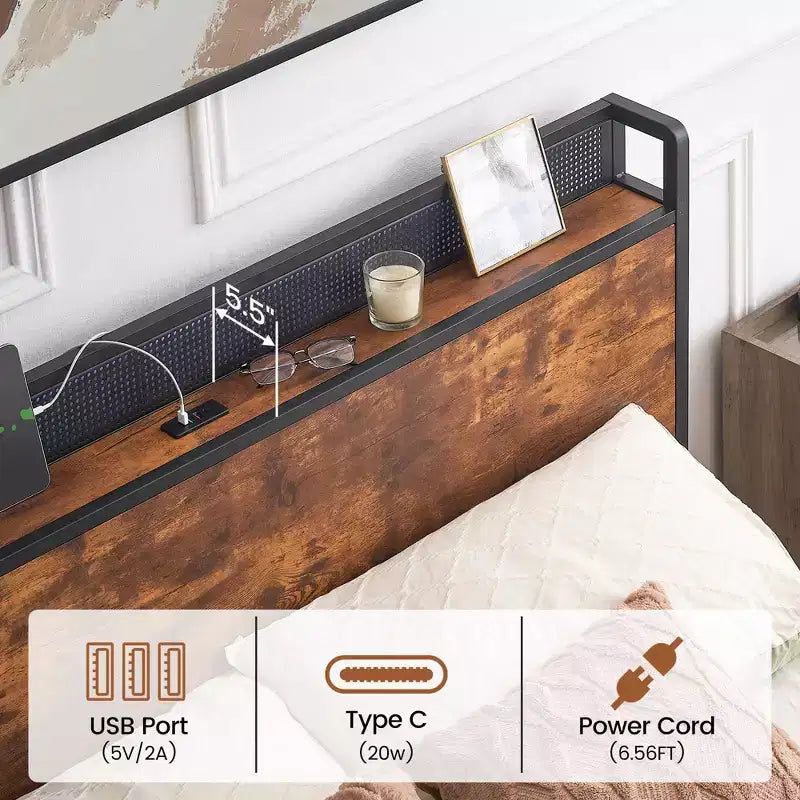 Cadre de lit avec tête de lit de rangement et 4 tiroirs, cadre de lit plateforme avec station de recharge et lumières LED, support métallique/aucun sommier tapissier requis