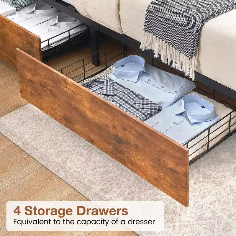 Bed Frame with Storage Headboard and 4 Drawers, Platform Bed Frame with Charging Station and LED Lights, Metal Support/No Box Spring Needed
