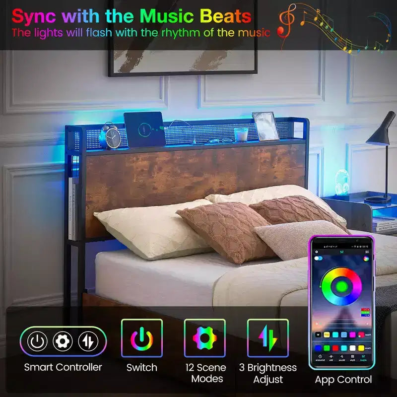 Bed Frame with Storage Headboard and 4 Drawers, Platform Bed Frame with Charging Station and LED Lights, Metal Support/No Box Spring Needed