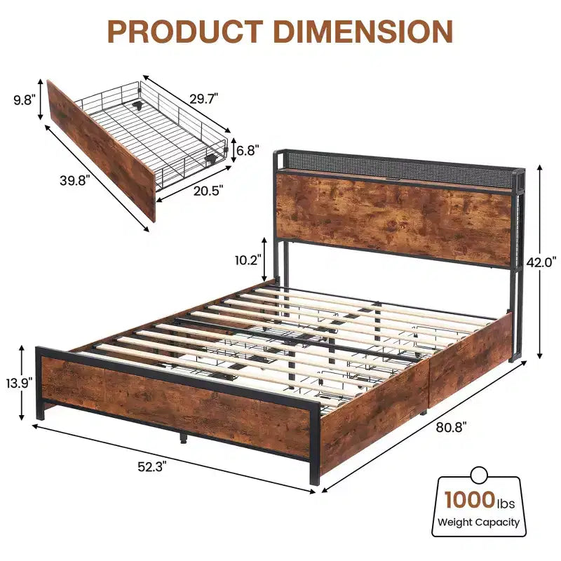 Bed Frame with Storage Headboard and 4 Drawers, Platform Bed Frame with Charging Station and LED Lights, Metal Support/No Box Spring Needed