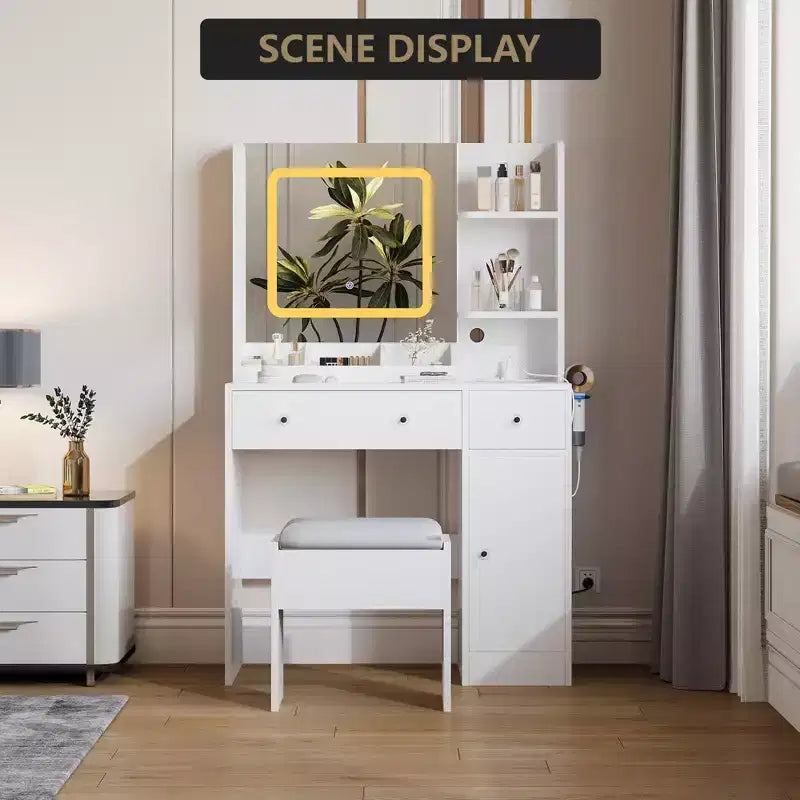 Vanity Desk and Stool with Mirror and LightsMakeup Vanity with Charging Station, Drawers, Storage Shelves for Bedroom
