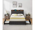 Rustic Linen Bed Frame with Storage Drawers & USB Charging, No Box Spring Needed, Easy Assembly
