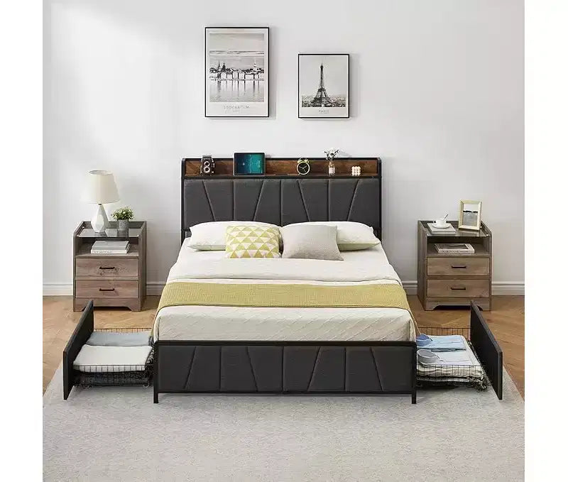 Rustic Linen Bed Frame with Storage Drawers & USB Charging, No Box Spring Needed, Easy Assembly