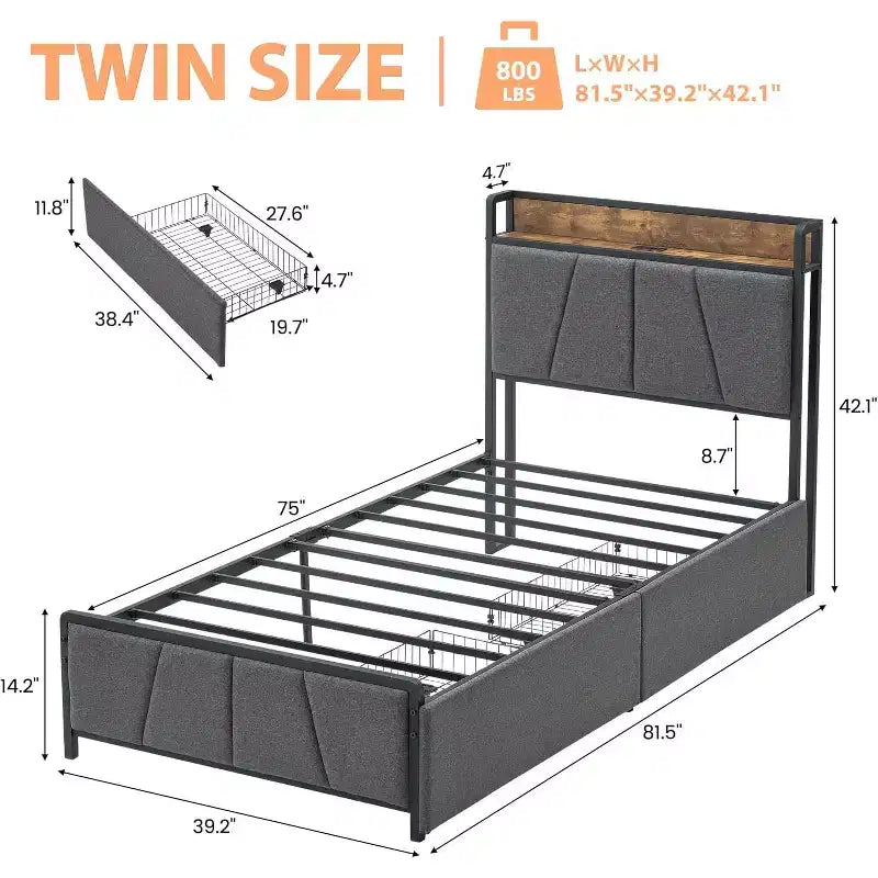 Rustic Linen Bed Frame with Storage Drawers & USB Charging, No Box Spring Needed, Easy Assembly