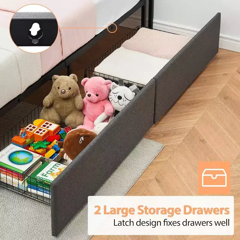 Rustic Linen Bed Frame with Storage Drawers & USB Charging, No Box Spring Needed, Easy Assembly