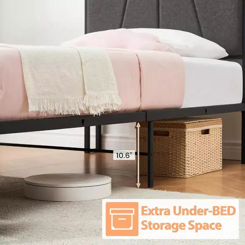 Cadre de lit rustique en lin avec tiroirs de rangement et chargement USB, pas besoin de sommier, montage facile