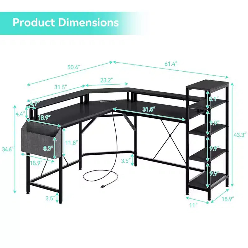 Gaming Desk Computer Desk - 62'' L Shaped with Power Outlets, LED Lights, Monitor Stand & Storage Shelves, Ergonomic Home Office Desk (Black Willow)