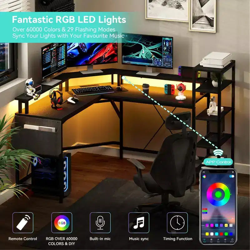 Gaming Desk Computer Desk - 62'' L Shaped with Power Outlets, LED Lights, Monitor Stand & Storage Shelves, Ergonomic Home Office Desk (Black Willow)