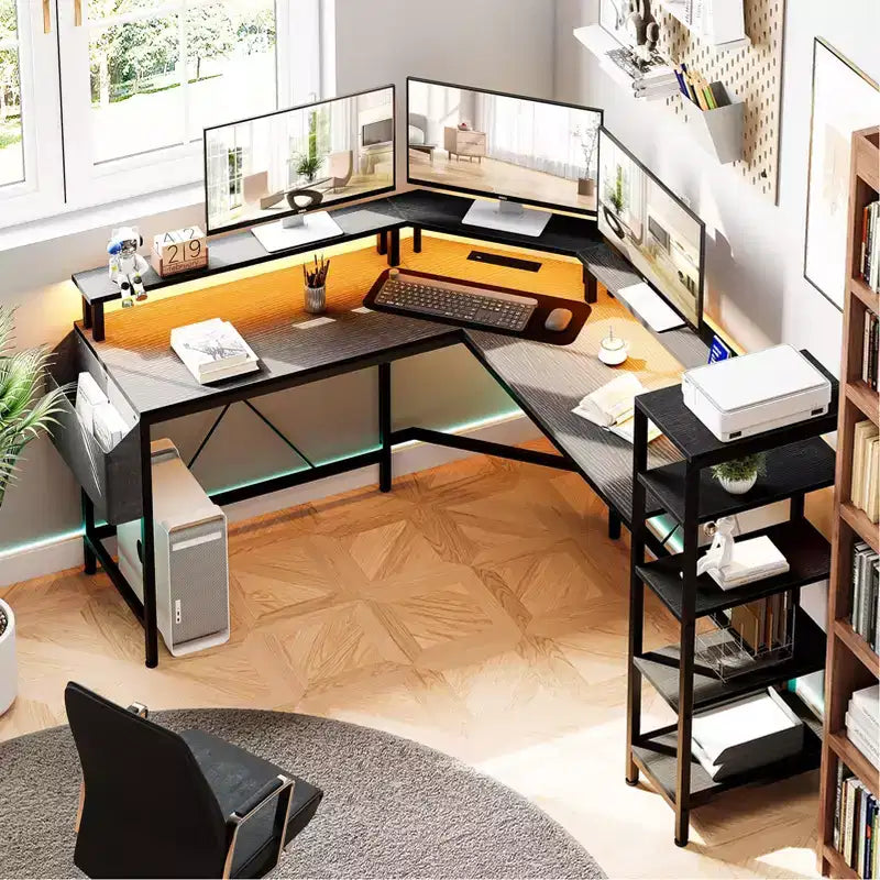 Gaming Desk Computer Desk - 62'' L Shaped with Power Outlets, LED Lights, Monitor Stand & Storage Shelves, Ergonomic Home Office Desk (Black Willow)