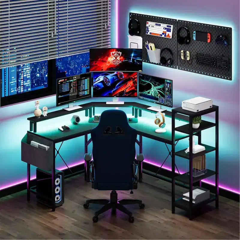 Gaming Desk Computer Desk - 62'' L Shaped with Power Outlets, LED Lights, Monitor Stand & Storage Shelves, Ergonomic Home Office Desk (Black Willow)