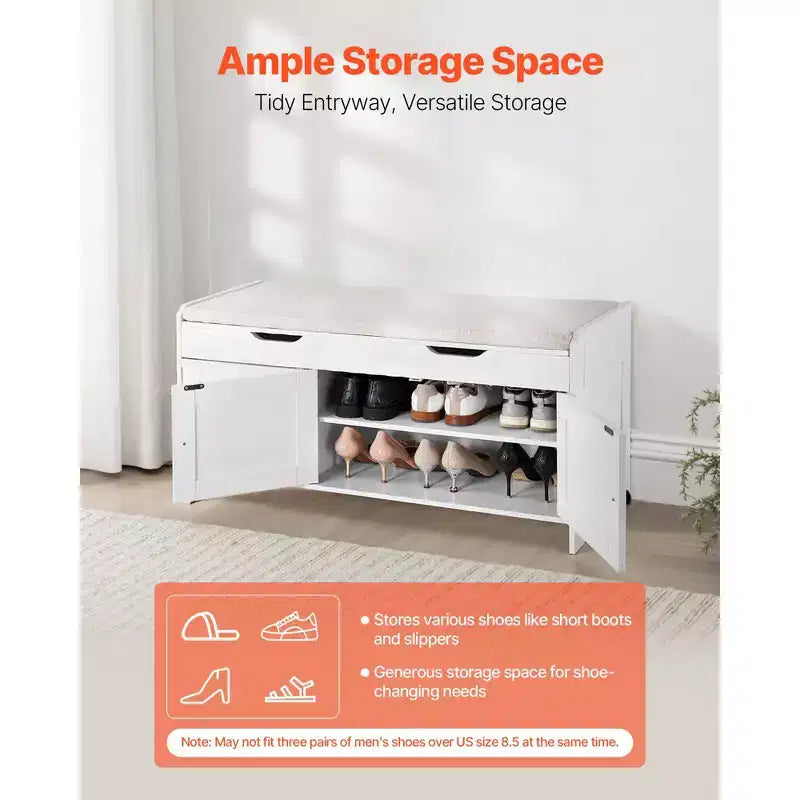 VEVOR Shoe Bench, 41.3 x 13.8 x 19.8 Inch Entryway Bench with Lift Top Storage and Seat Cushion, 250lbs Shoe Rack with 3 Cabinets , White