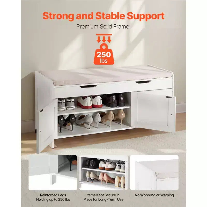 VEVOR Shoe Bench, 41.3 x 13.8 x 19.8 Inch Entryway Bench with Lift Top Storage and Seat Cushion, 250lbs Shoe Rack with 3 Cabinets , White