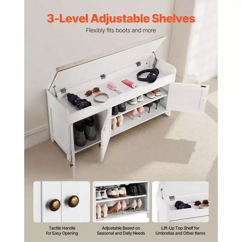 VEVOR Shoe Bench, 41.3 x 13.8 x 19.8 Inch Entryway Bench with Lift Top Storage and Seat Cushion, 250lbs Shoe Rack with 3 Cabinets , White