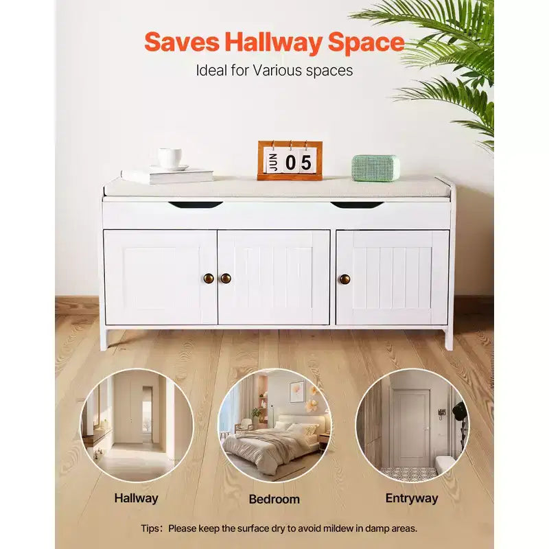 VEVOR Shoe Bench, 41.3 x 13.8 x 19.8 Inch Entryway Bench with Lift Top Storage and Seat Cushion, 250lbs Shoe Rack with 3 Cabinets , White