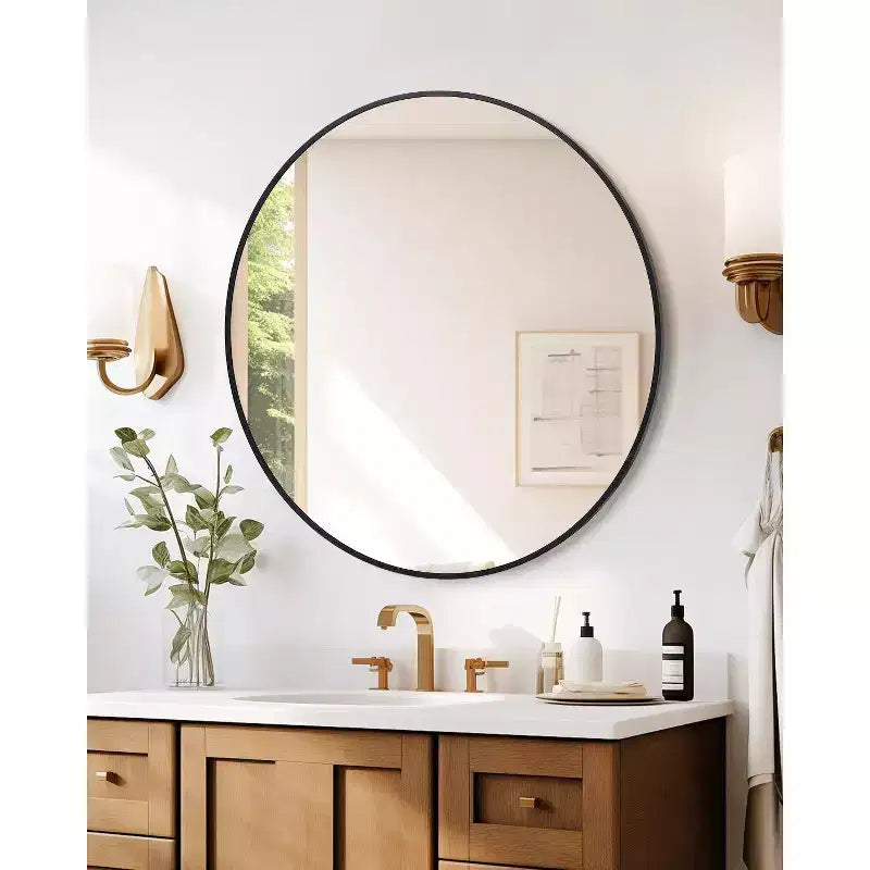 Miroir mural rond doré de 18 pouces, Miroir de courtoisie à cadre métallique pour salle de bain, entrée et chambre à coucher
