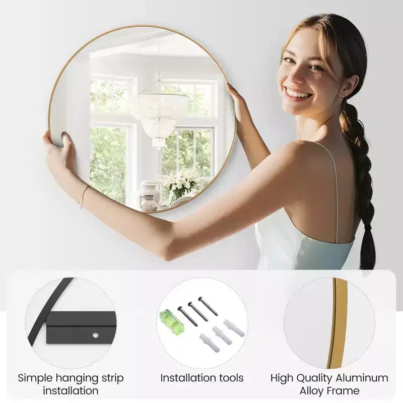 Miroir mural rond doré de 18 pouces, Miroir de courtoisie à cadre métallique pour salle de bain, entrée et chambre à coucher