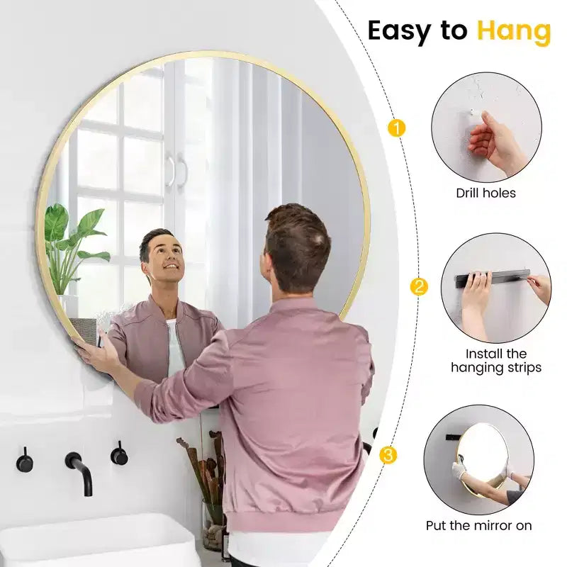 Miroir mural rond doré de 18 pouces, Miroir de courtoisie à cadre métallique pour salle de bain, entrée et chambre à coucher