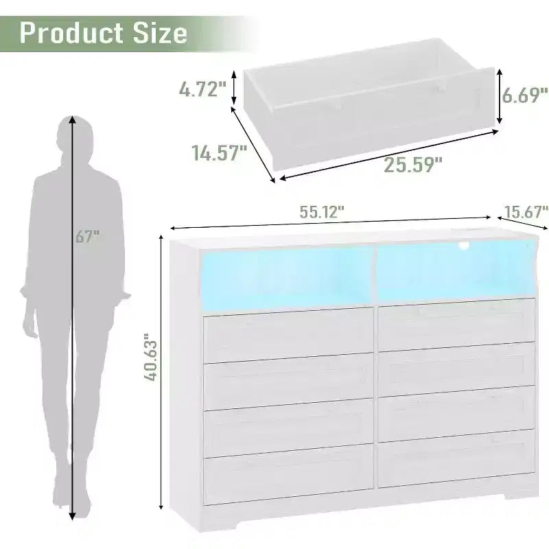 Commode Acekool à 8 tiroirs en bois avec prises de courant, meuble TV large de rangement pour chambre à coucher, salon, couloir