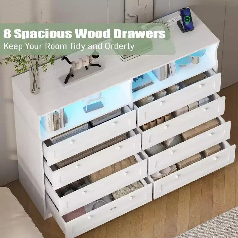 Commode Acekool à 8 tiroirs en bois avec prises de courant, meuble TV large de rangement pour chambre à coucher, salon, couloir