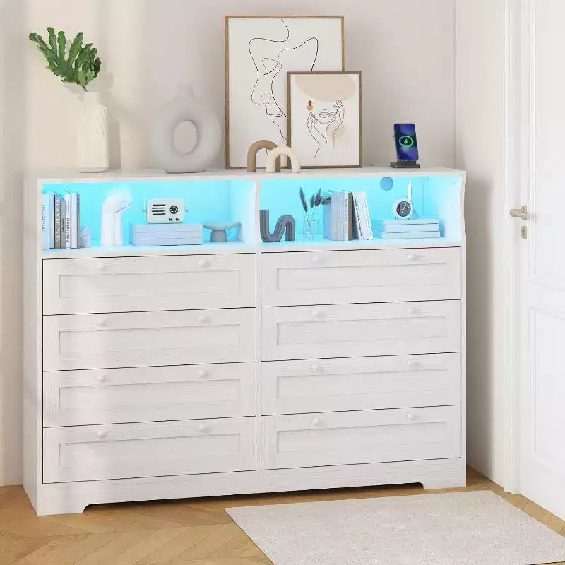 Commode Acekool à 8 tiroirs en bois avec prises de courant, meuble TV large de rangement pour chambre à coucher, salon, couloir