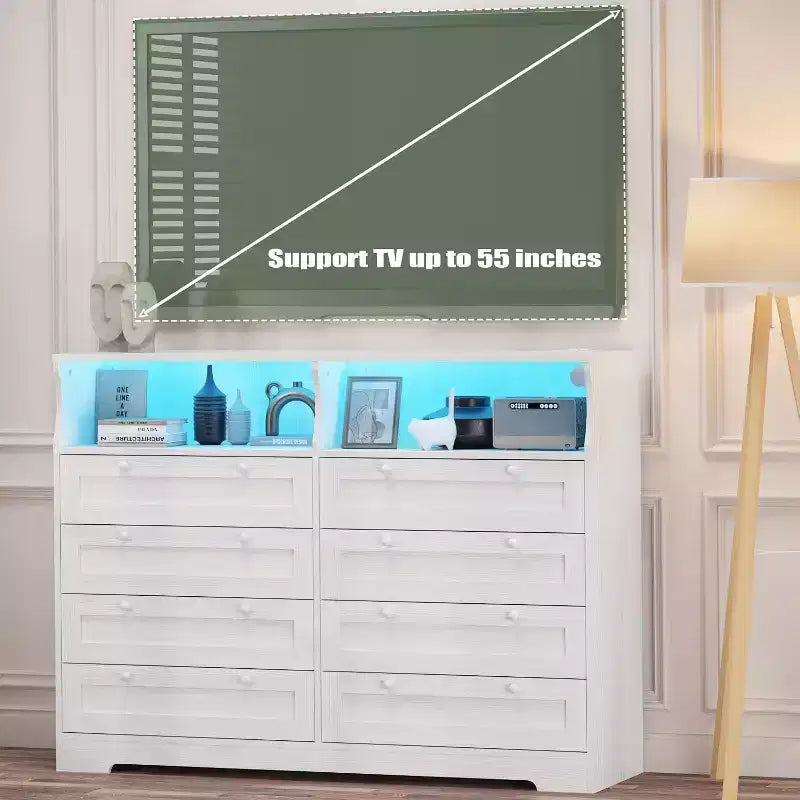 Commode Acekool à 8 tiroirs en bois avec prises de courant, meuble TV large de rangement pour chambre à coucher, salon, couloir
