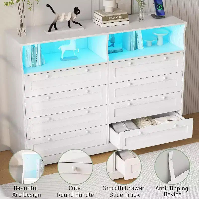 Commode Acekool à 8 tiroirs en bois avec prises de courant, meuble TV large de rangement pour chambre à coucher, salon, couloir