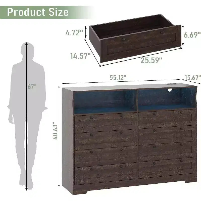 Commode Acekool à 8 tiroirs en bois avec prises de courant, meuble TV large de rangement pour chambre à coucher, salon, couloir