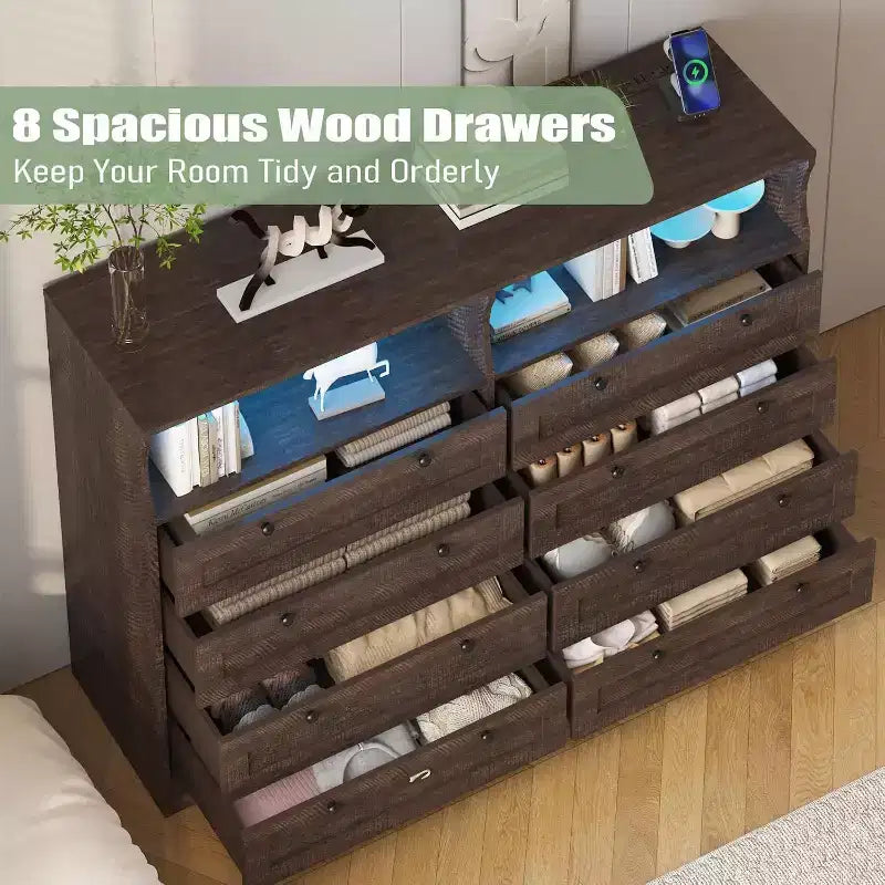 Commode Acekool à 8 tiroirs en bois avec prises de courant, meuble TV large de rangement pour chambre à coucher, salon, couloir