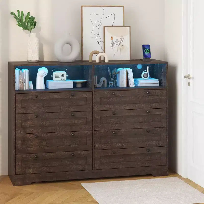 Commode Acekool à 8 tiroirs en bois avec prises de courant, meuble TV large de rangement pour chambre à coucher, salon, couloir