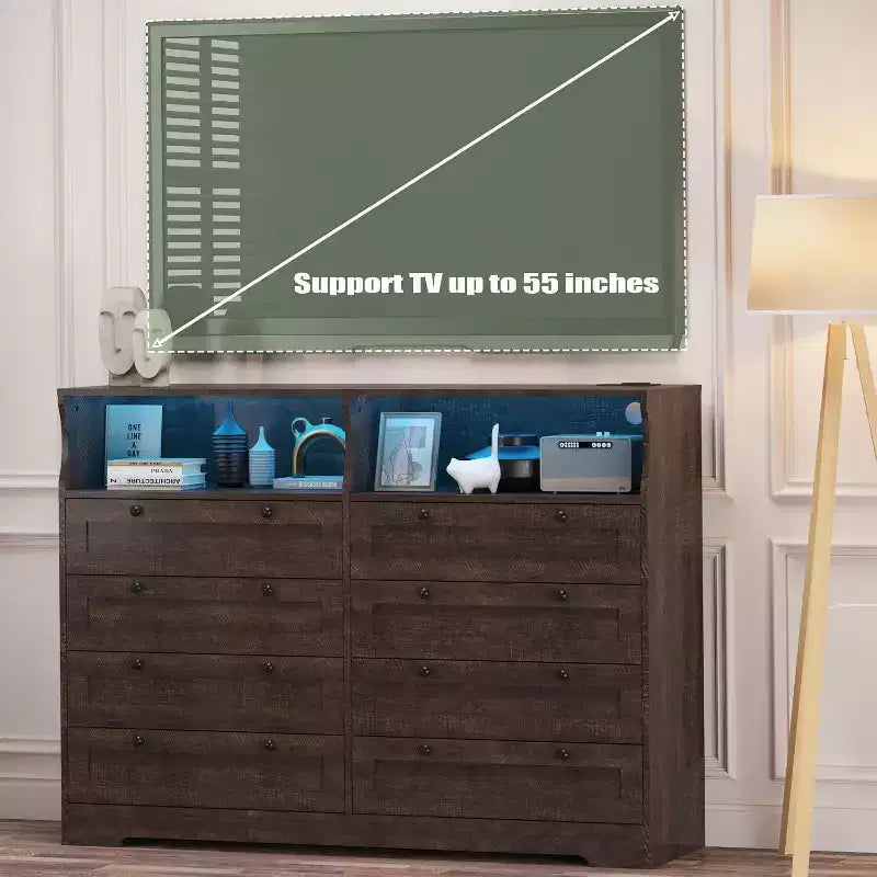Commode Acekool à 8 tiroirs en bois avec prises de courant, meuble TV large de rangement pour chambre à coucher, salon, couloir