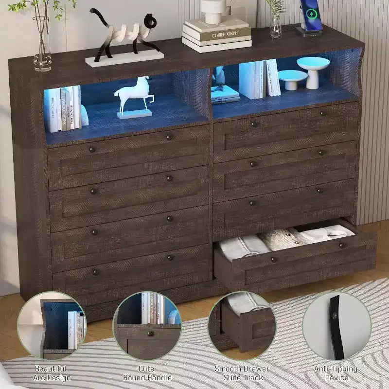 Commode Acekool à 8 tiroirs en bois avec prises de courant, meuble TV large de rangement pour chambre à coucher, salon, couloir