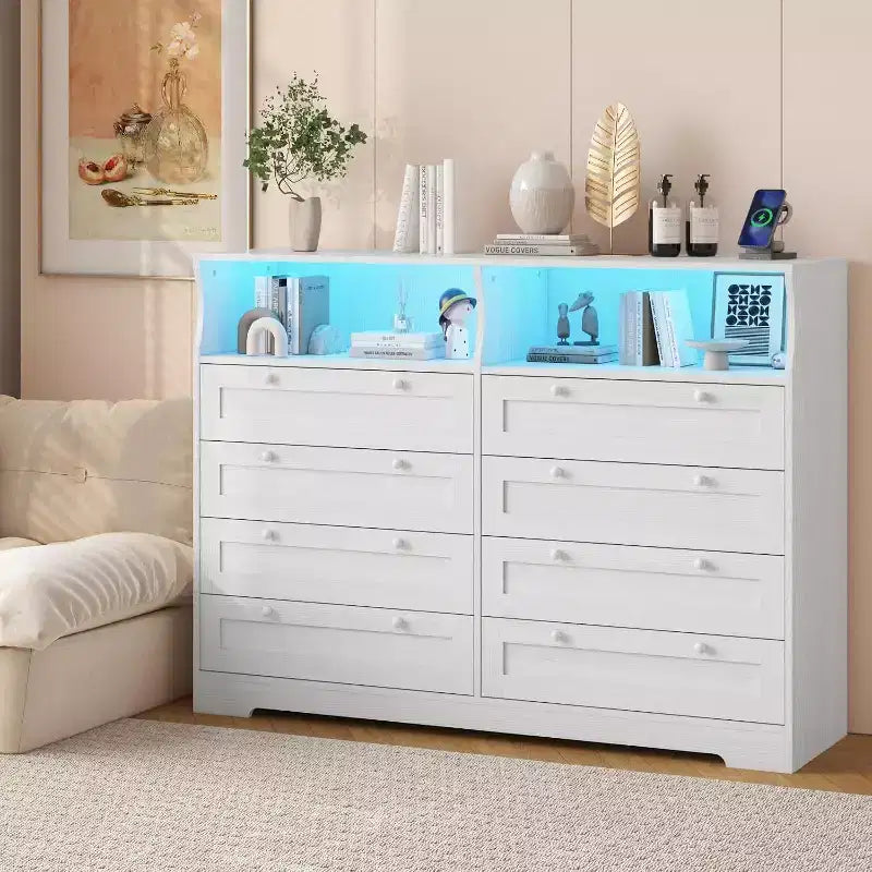 Commode Acekool à 8 tiroirs en bois avec prises de courant, meuble TV large de rangement pour chambre à coucher, salon, couloir