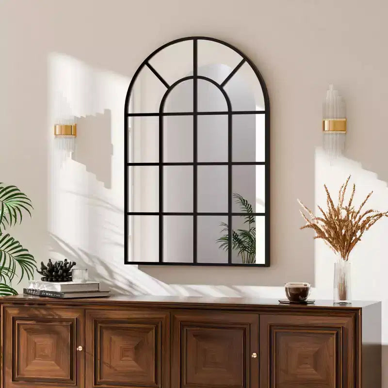 BEAUTYPEAK Arched Windowpane Mirror Bathroom Mirror Wall Mirror Mordern Mirror for Bedroom,Living room