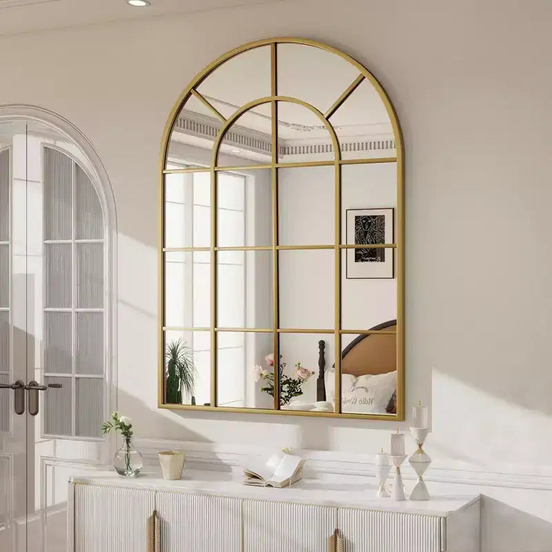 BEAUTYPEAK Arched Windowpane Mirror Bathroom Mirror Wall Mirror Mordern Mirror for Bedroom,Living room