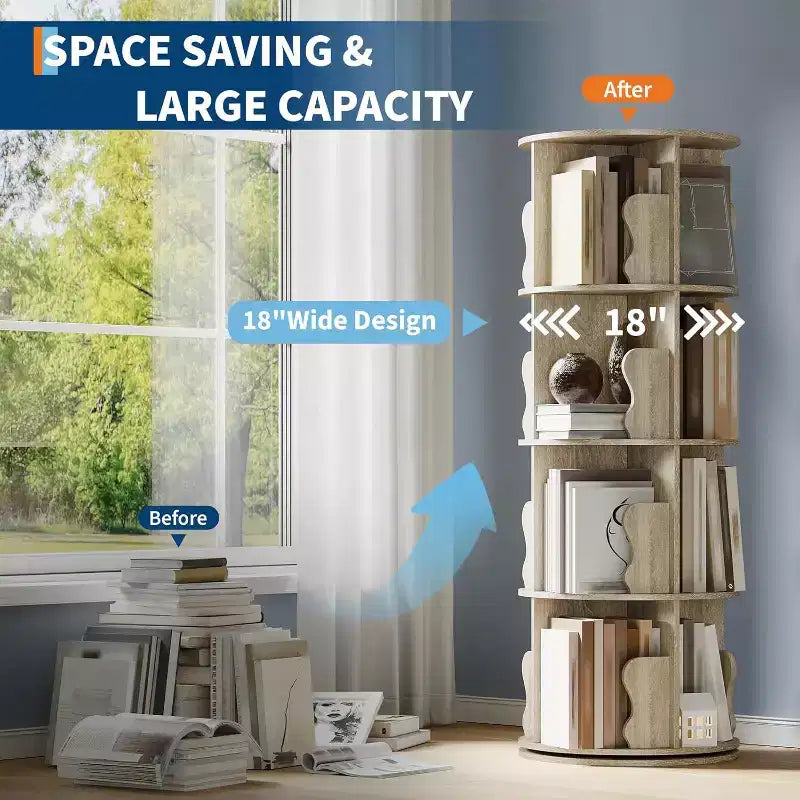 4 Tier Rotating Bookshelf, Wood Spinning Bookshelf Tower, 360 Revolving Corner Bookshelves for Small Spaces, Floor Standing Bookcase for Home Office