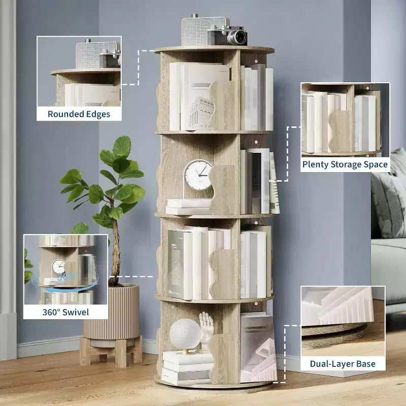 4 Tier Rotating Bookshelf, Wood Spinning Bookshelf Tower, 360 Revolving Corner Bookshelves for Small Spaces, Floor Standing Bookcase for Home Office
