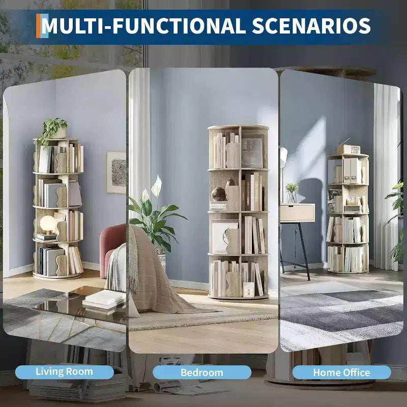 4 Tier Rotating Bookshelf, Wood Spinning Bookshelf Tower, 360 Revolving Corner Bookshelves for Small Spaces, Floor Standing Bookcase for Home Office