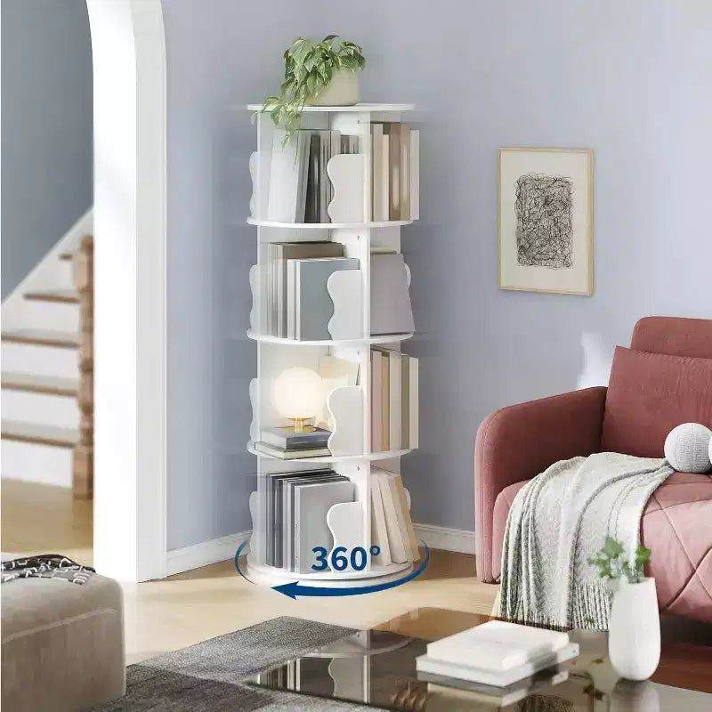 4 Tier Rotating Bookshelf, Wood Spinning Bookshelf Tower, 360 Revolving Corner Bookshelves for Small Spaces, Floor Standing Bookcase for Home Office