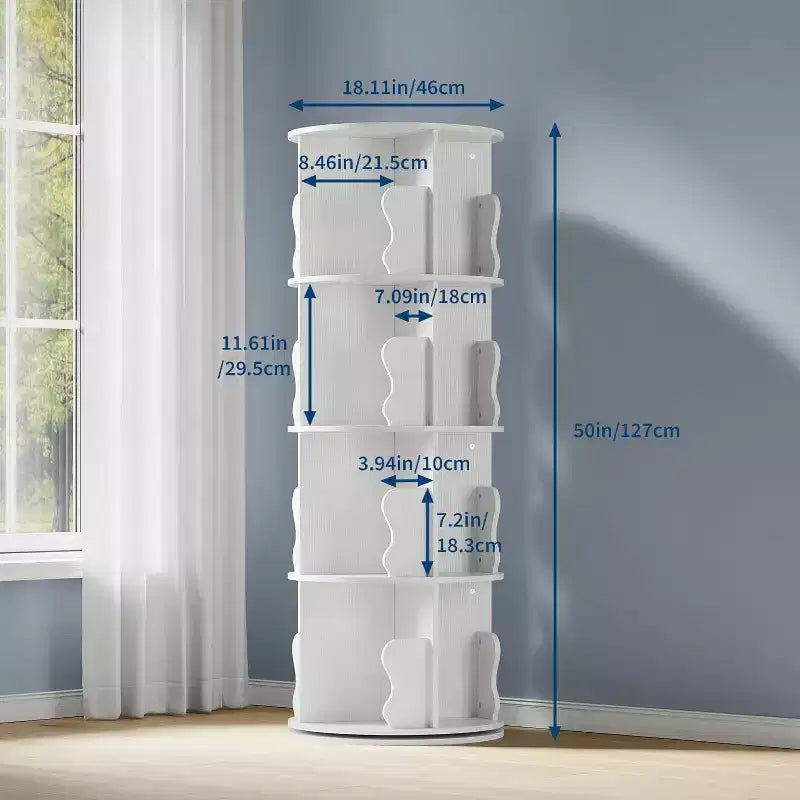 4 Tier Rotating Bookshelf, Wood Spinning Bookshelf Tower, 360 Revolving Corner Bookshelves for Small Spaces, Floor Standing Bookcase for Home Office
