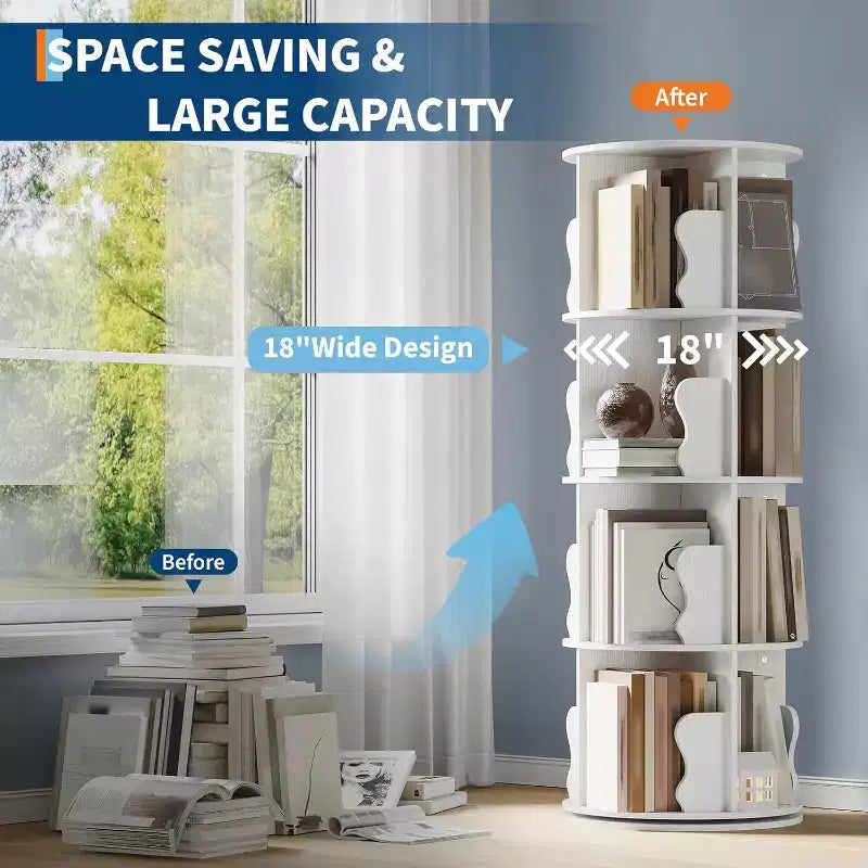 4 Tier Rotating Bookshelf, Wood Spinning Bookshelf Tower, 360 Revolving Corner Bookshelves for Small Spaces, Floor Standing Bookcase for Home Office