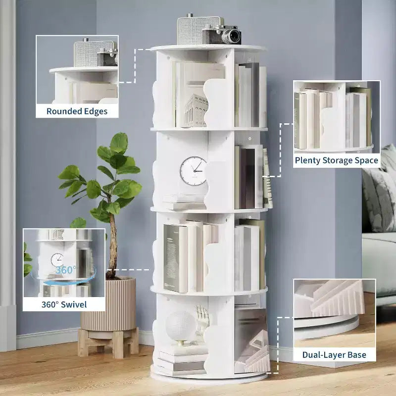 4 Tier Rotating Bookshelf, Wood Spinning Bookshelf Tower, 360 Revolving Corner Bookshelves for Small Spaces, Floor Standing Bookcase for Home Office