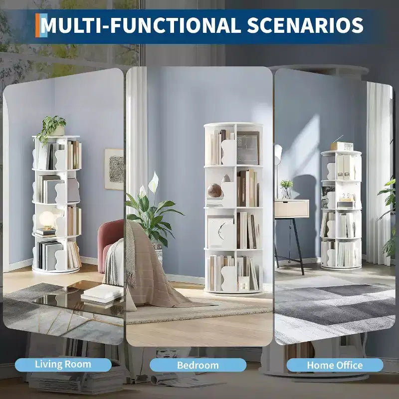 4 Tier Rotating Bookshelf, Wood Spinning Bookshelf Tower, 360 Revolving Corner Bookshelves for Small Spaces, Floor Standing Bookcase for Home Office