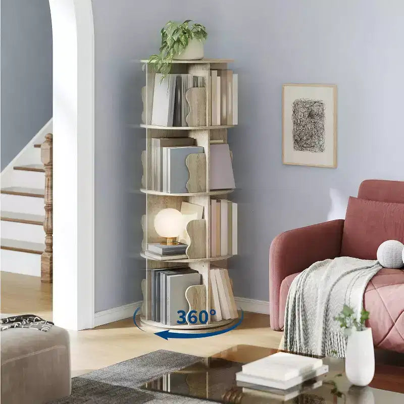 4 Tier Rotating Bookshelf, Wood Spinning Bookshelf Tower, 360 Revolving Corner Bookshelves for Small Spaces, Floor Standing Bookcase for Home Office