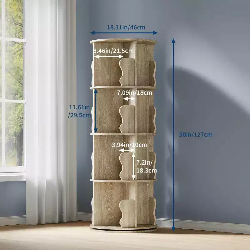4 Tier Rotating Bookshelf, Wood Spinning Bookshelf Tower, 360 Revolving Corner Bookshelves for Small Spaces, Floor Standing Bookcase for Home Office