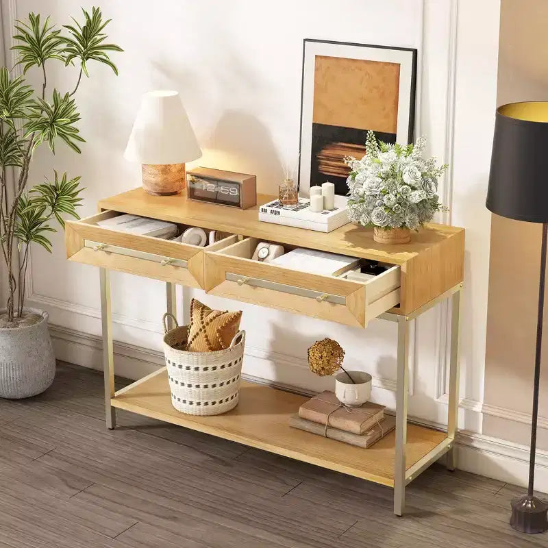 MAYEERTY Console Table with Two Drawers Retro Striking Geometric Design for Living Room Natural